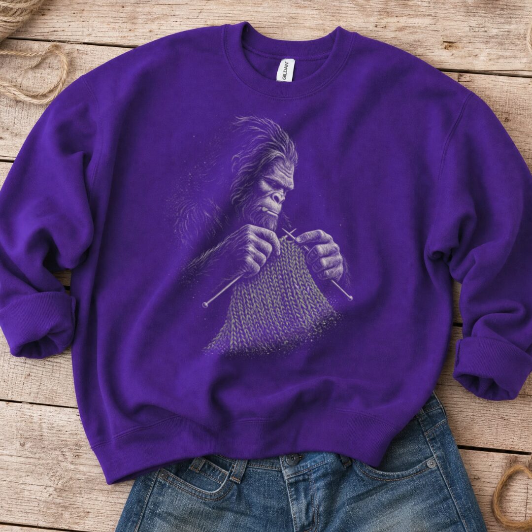 Knitting Bigfoot Purple Sweatshirt.jpg