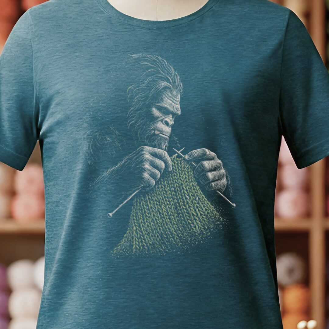 Knitting Bigfoot Teal Blue T-Shirt.jpg