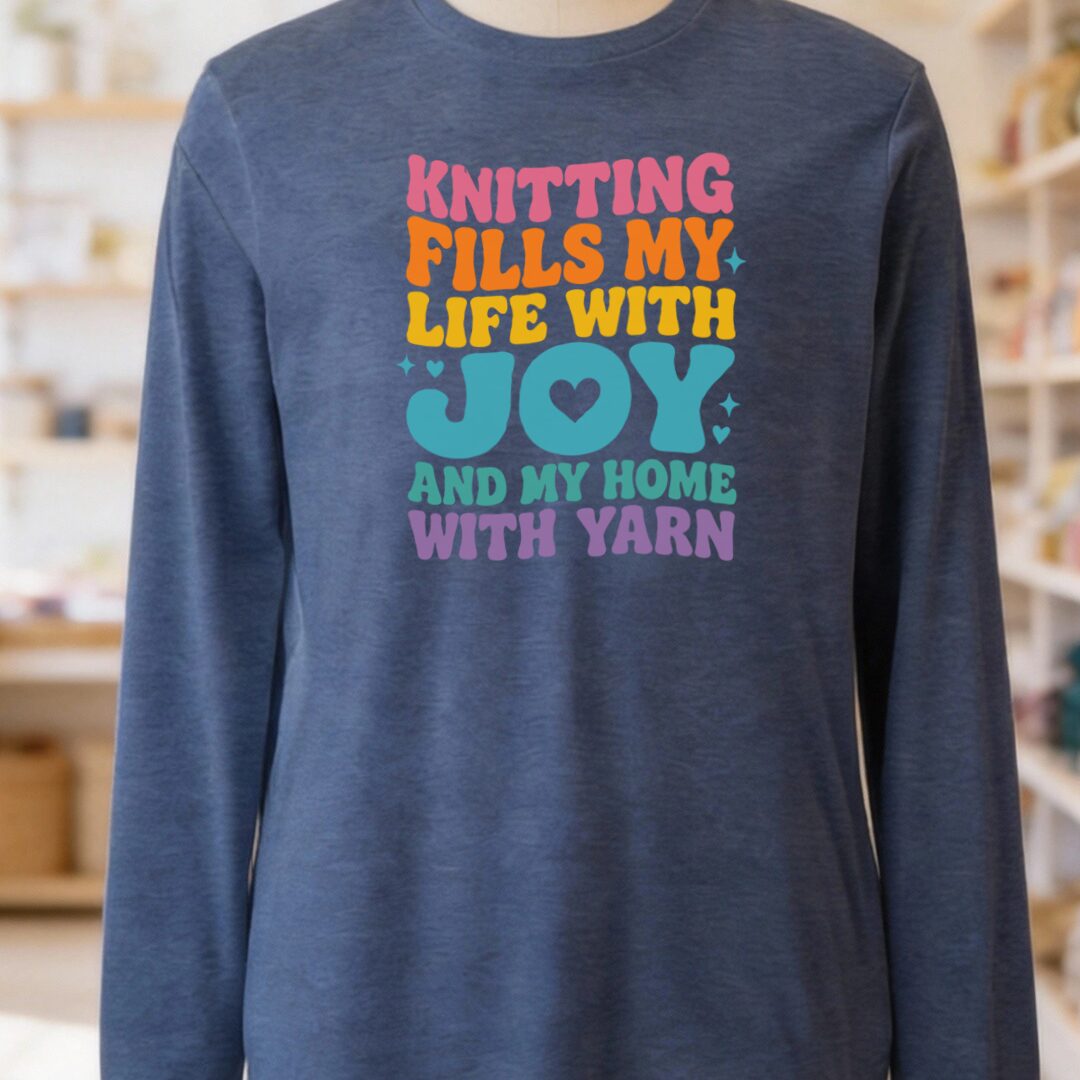 Knitting Fills My Life Retro Long Sleeve Tee Navy t-shirt