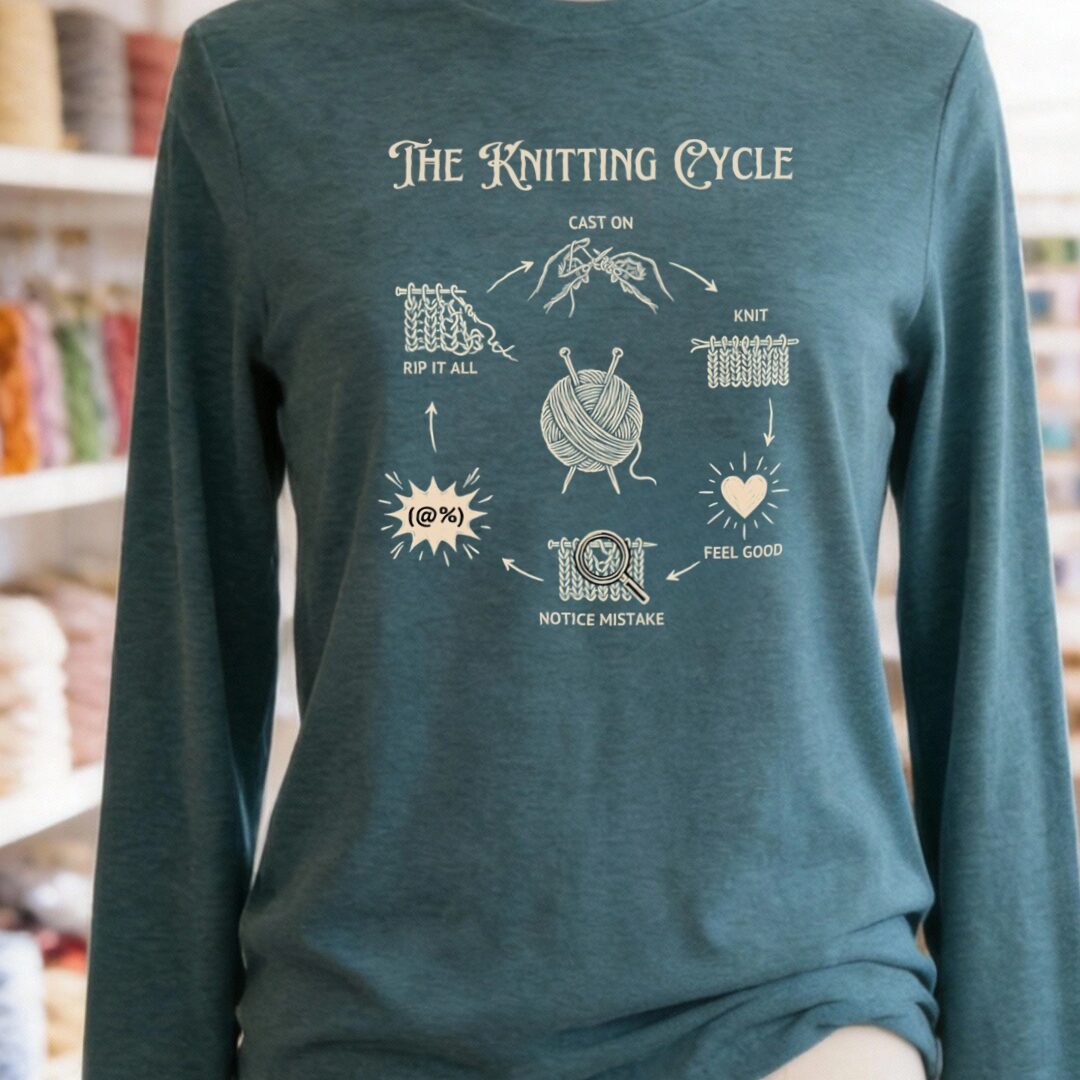 The Knitting Cycle Long Sleeve Tee Teal Blue t-shirt
