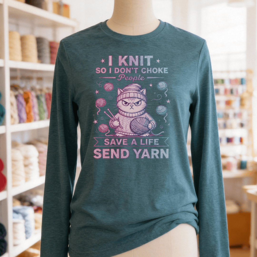 I Knit So I Don't Choke People Long Sleeve Tee Heather Deep Teal / S