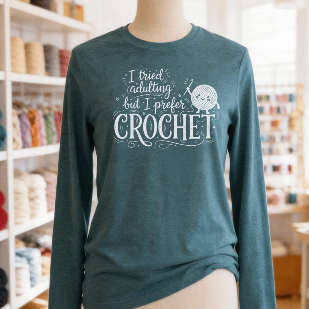 I Prefer Crochet Long Sleeve Tee Heather Deep Teal / S