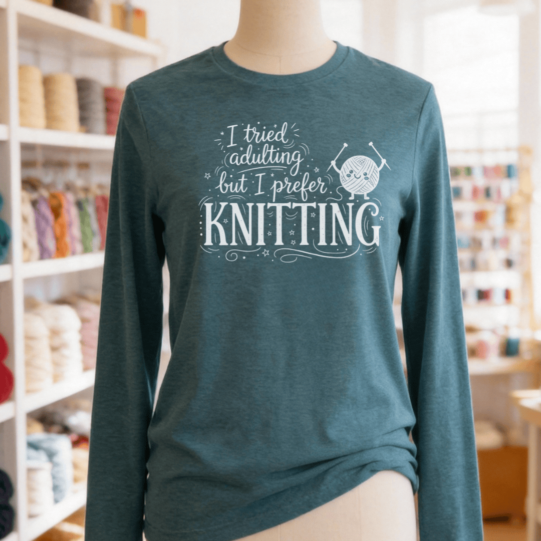 I Prefer Knitting Long Sleeve Tee Heather Deep Teal / S