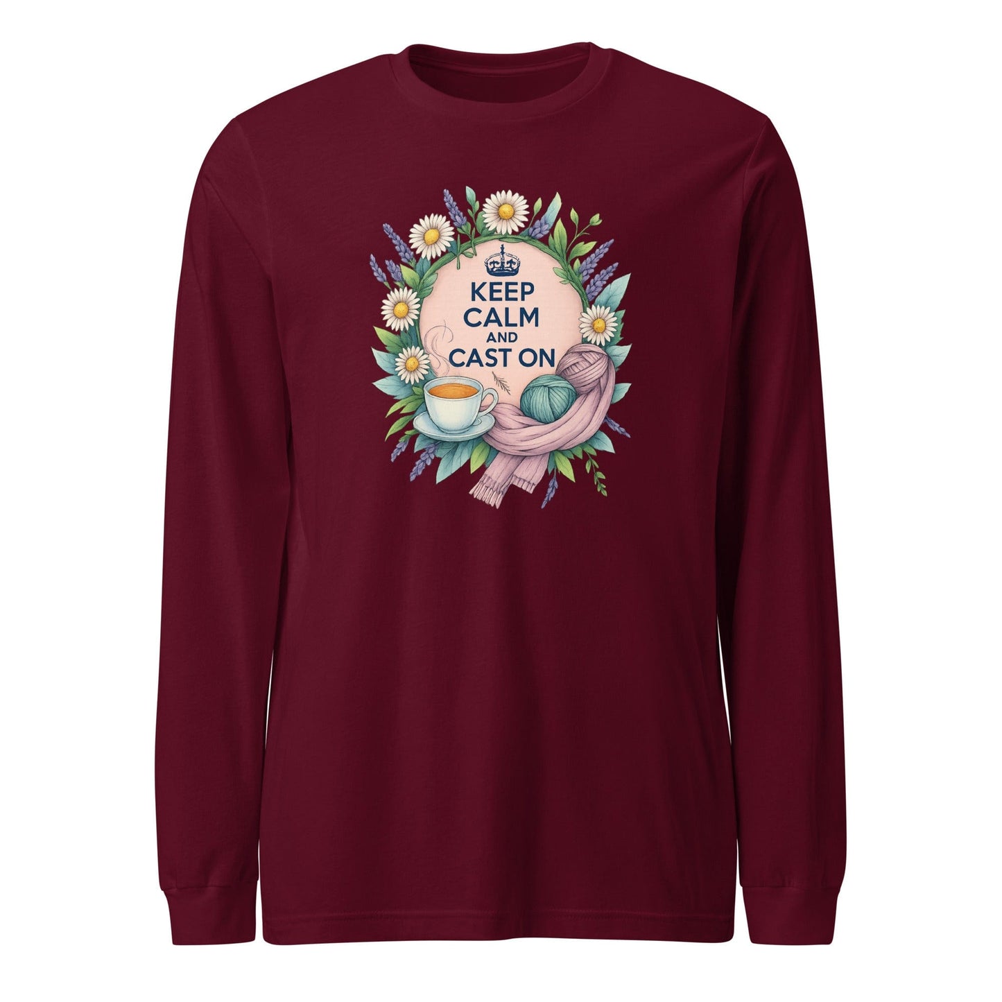 Keep Calm and Cast On Long Sleeve Tee Maroon / XS