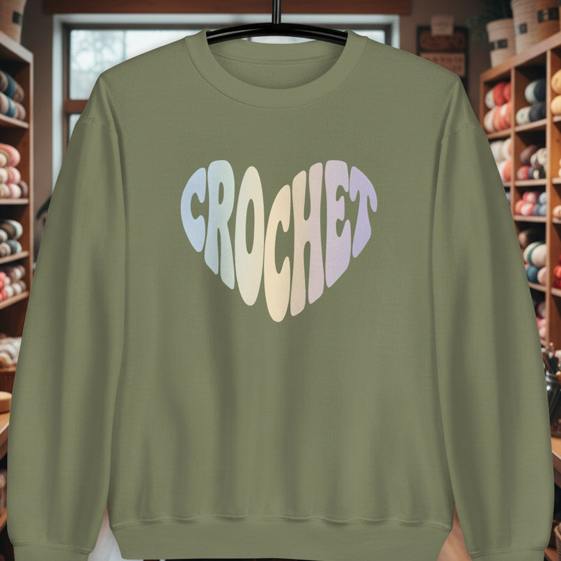 Pastel Crochet Heart Sweatshirt Military Green / S