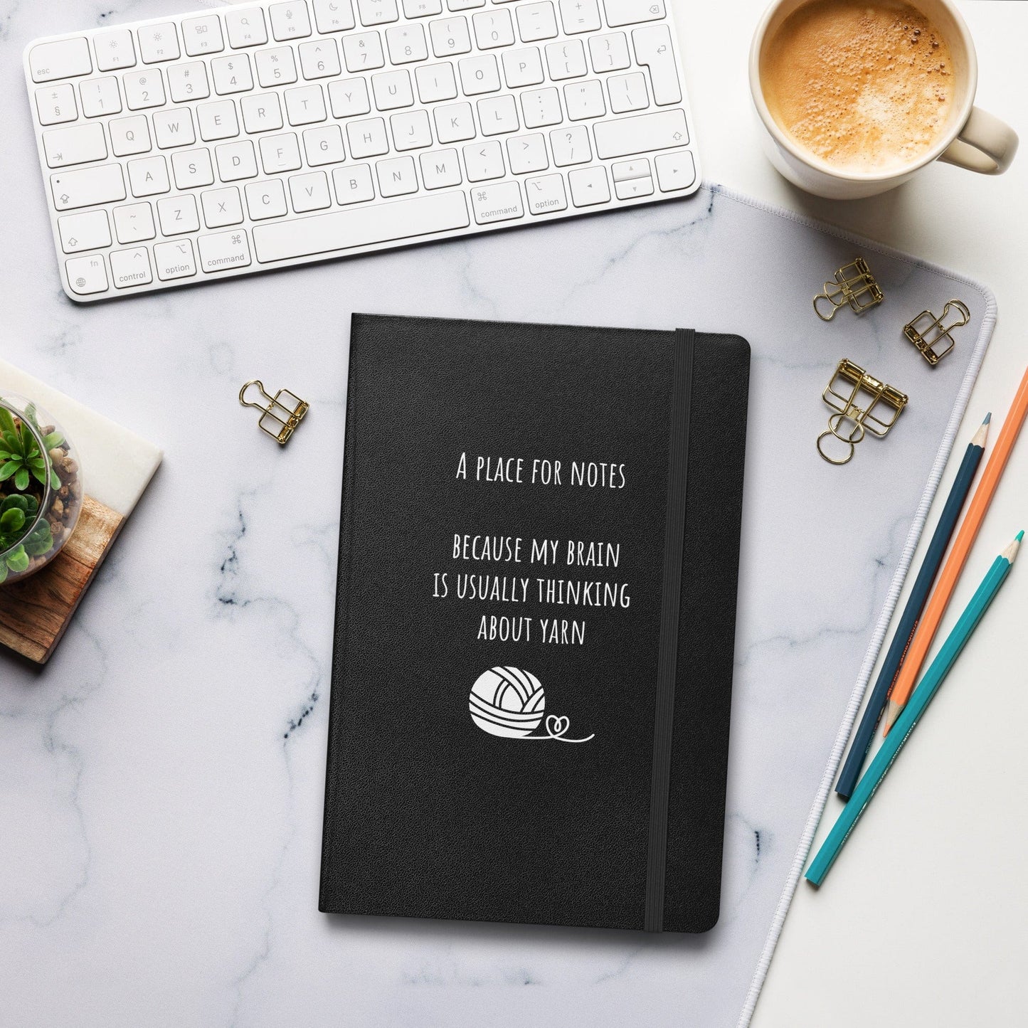 Hardcover bound notebook - Too busy thinking about yarn Black