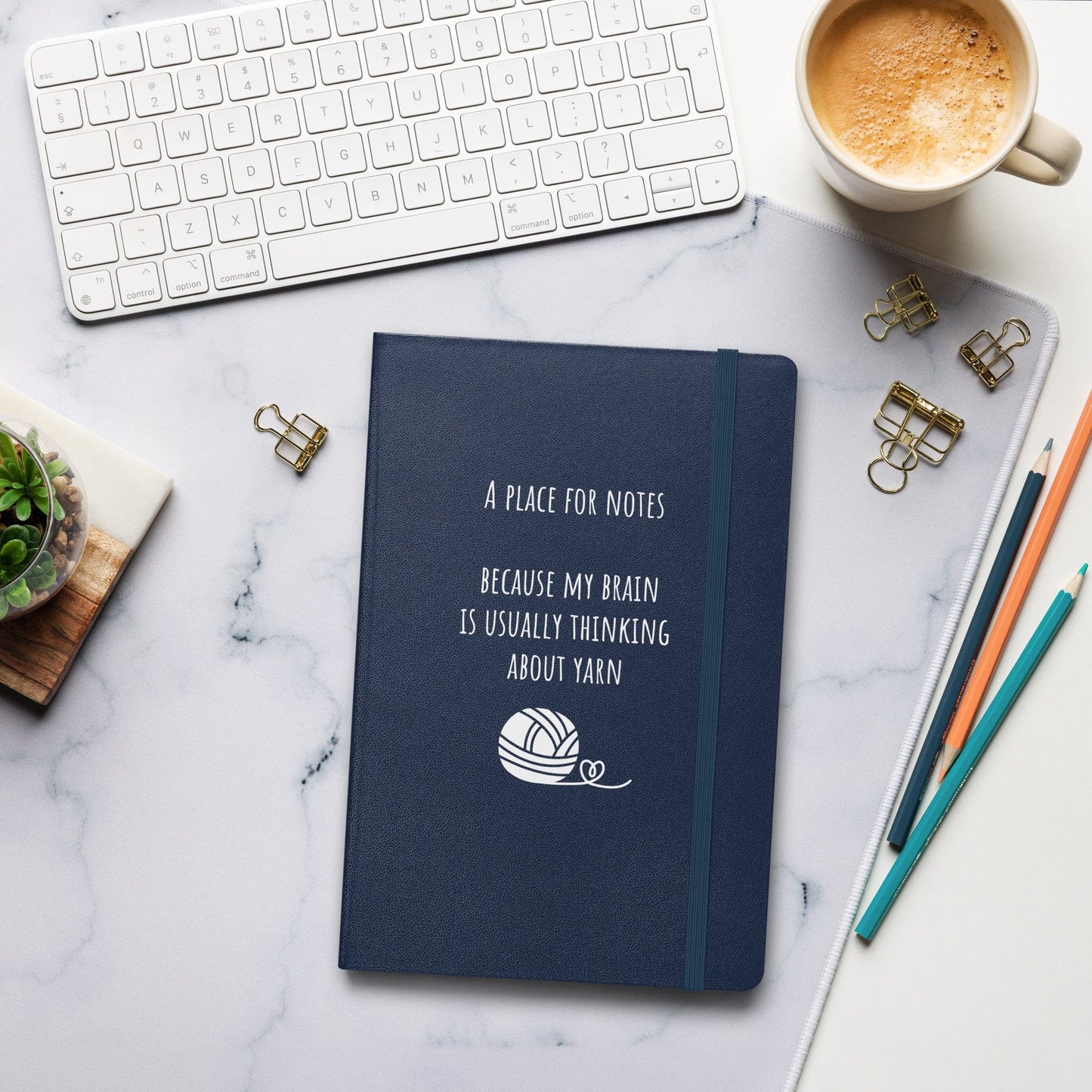 Hardcover bound notebook - Too busy thinking about yarn Navy
