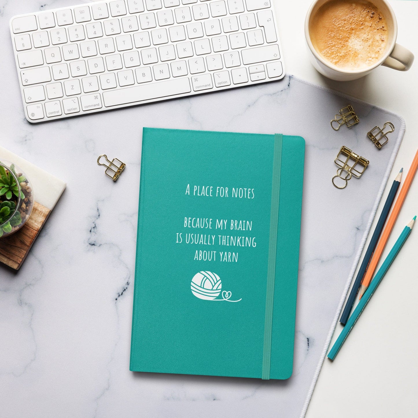 Hardcover bound notebook - Too busy thinking about yarn Turquoise