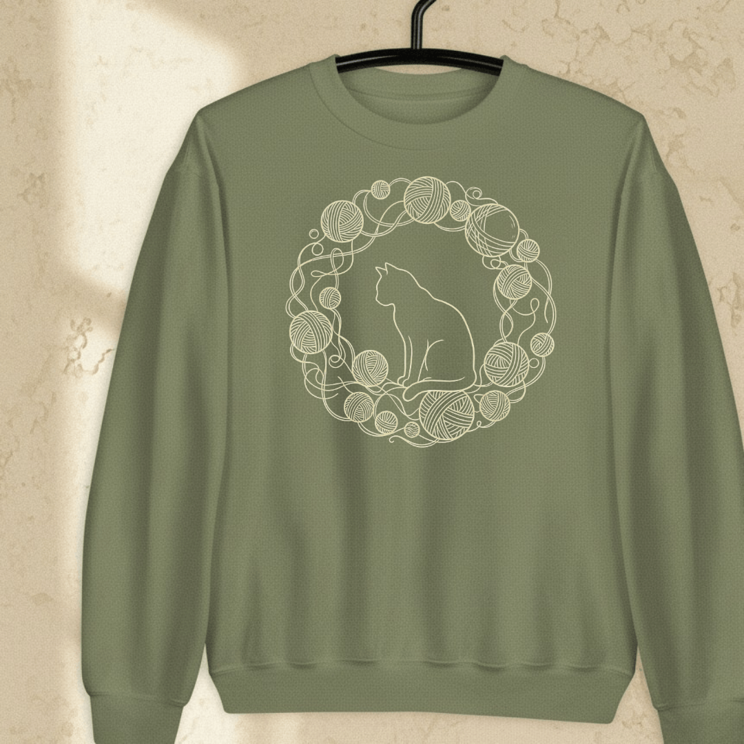 Cat Yarn Wreath Sweatshirt Military Green / S