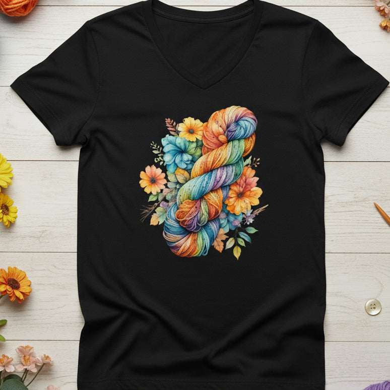 Floral Skein V Neck T-Shirt Black / S