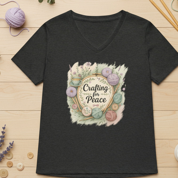 Crafting for Peace V Neck T-Shirt Dark Grey Heather / S