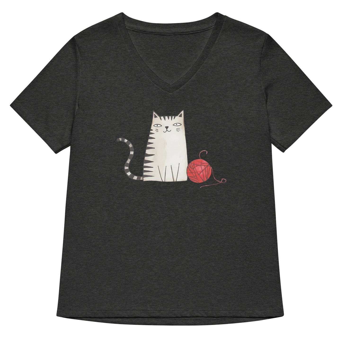 Drawn Cat V Neck T-Shirt Dark Grey Heather / S