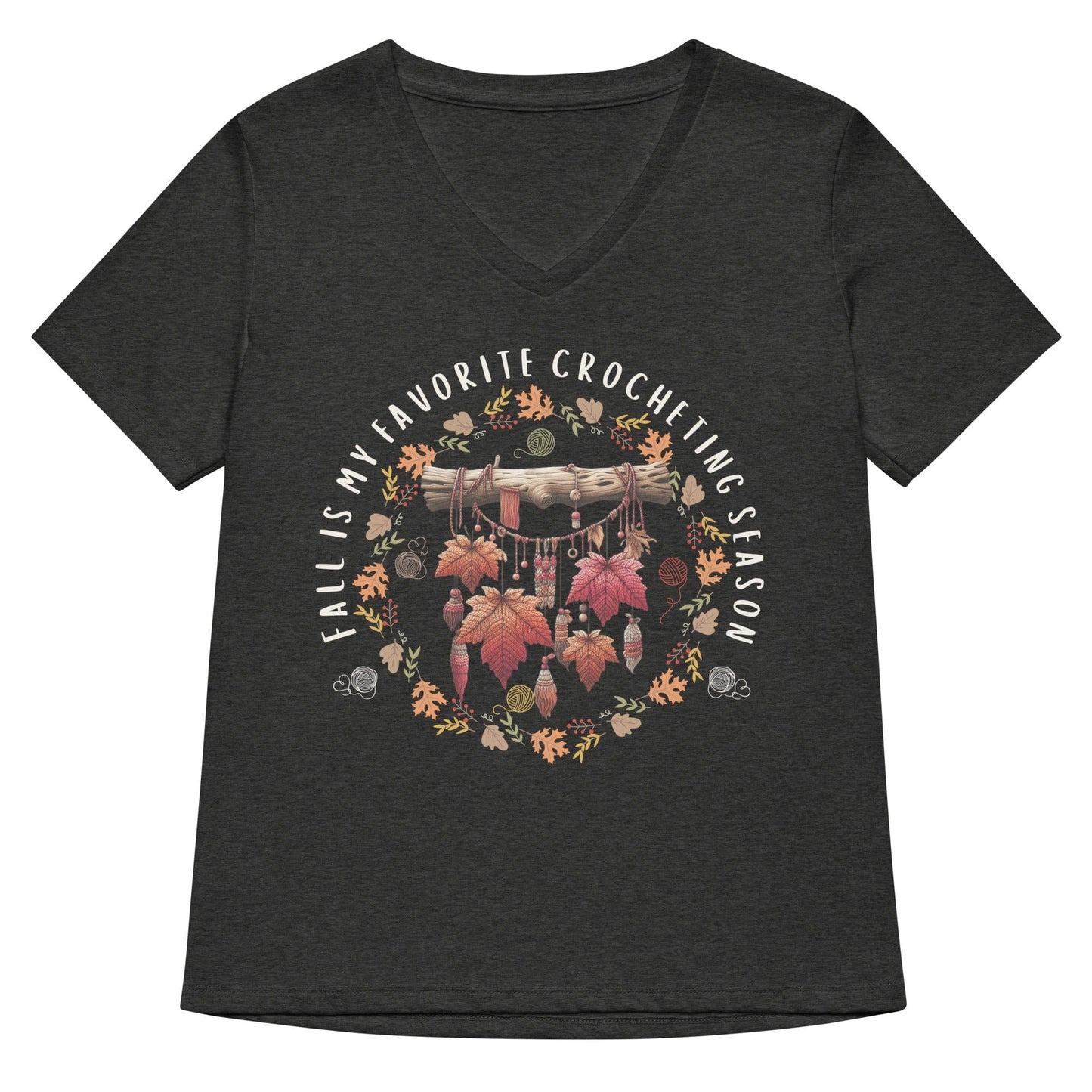 Fall is my Crocheting Season V Neck T-Shirt Dark Grey Heather / S