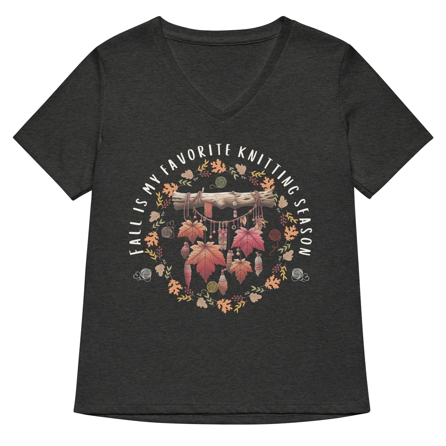 Fall is my Knitting Season V Neck T-Shirt Dark Grey Heather / S