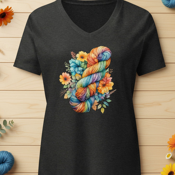 Floral Skein V Neck T-Shirt Dark Grey Heather / S