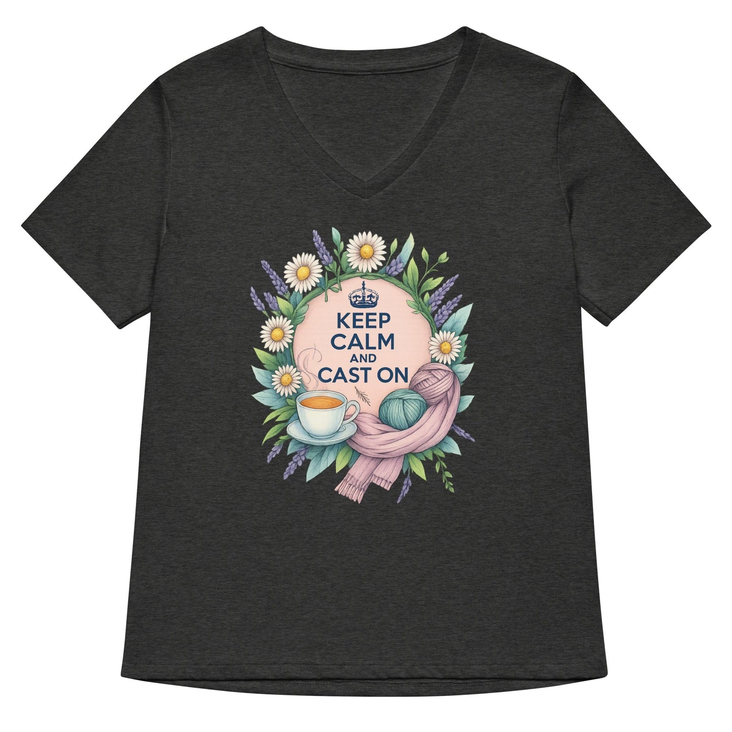 Keep Calm and Cast On V Neck T-Shirt Dark Grey Heather / S