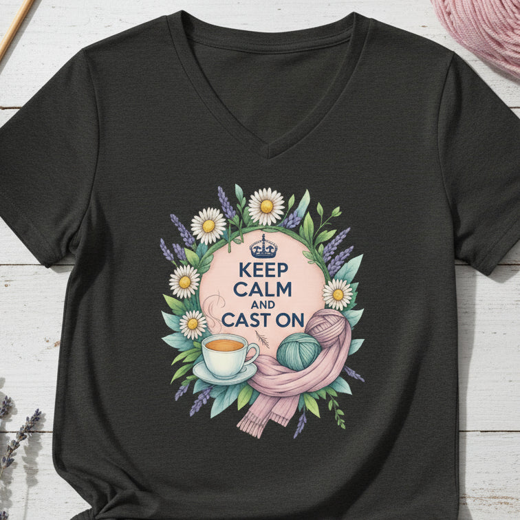 Keep Calm and Cast On V Neck T-Shirt Dark Grey Heather / S