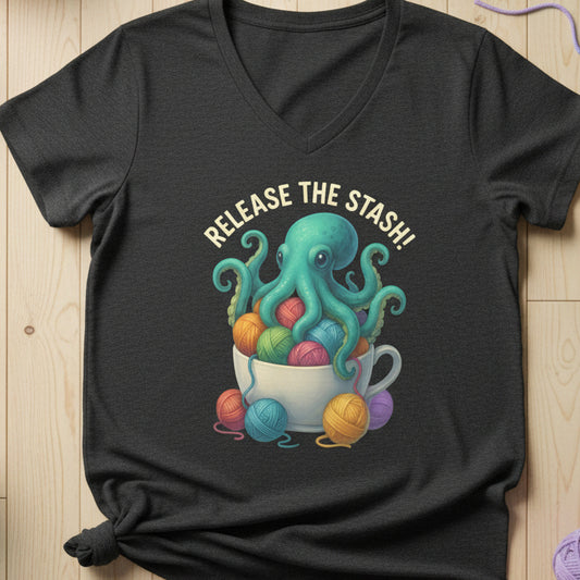Release the Stash Kraken v-neck t-shirt Dark Grey Heather / S