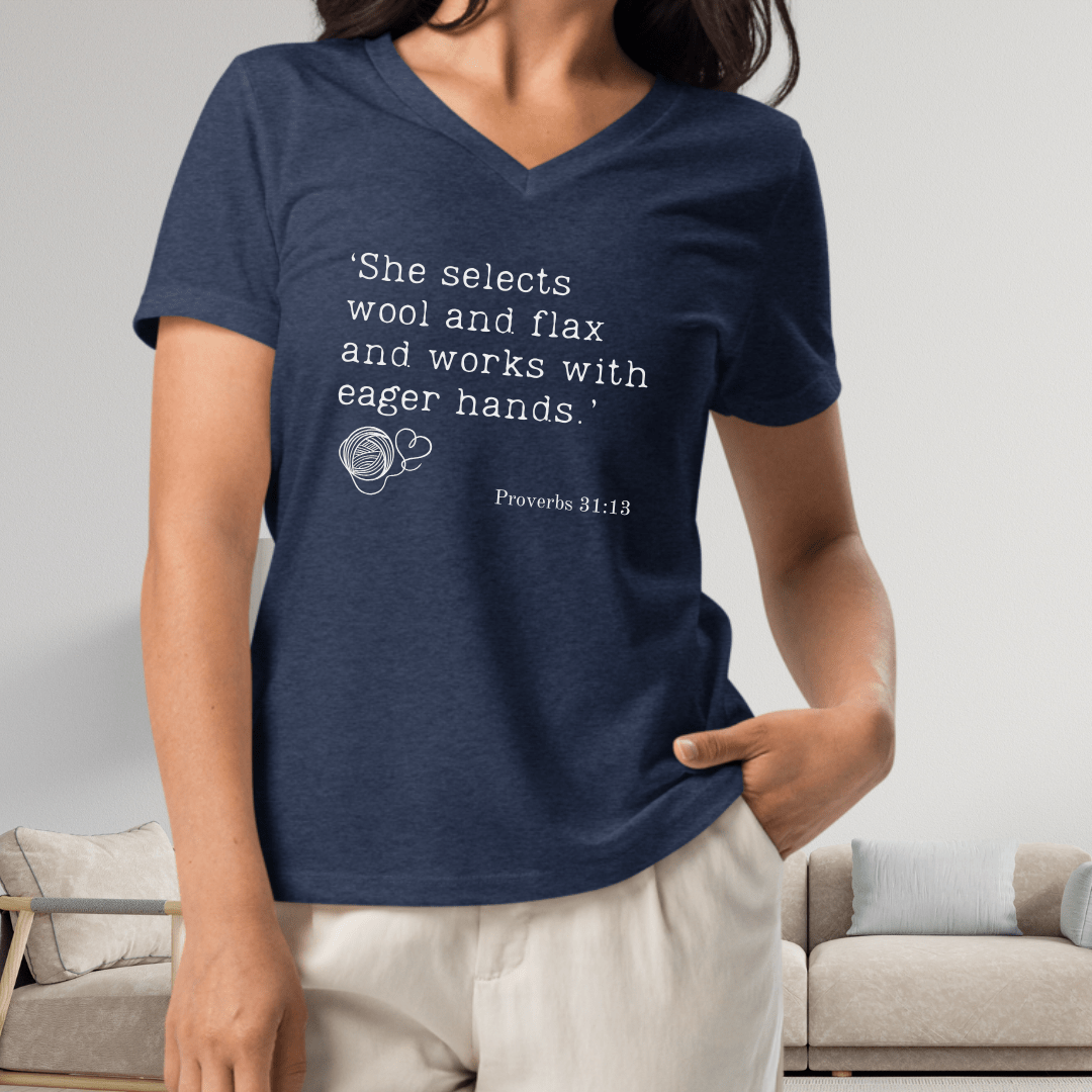 Christian Proverb V Neck t-shirt Heather Navy / S