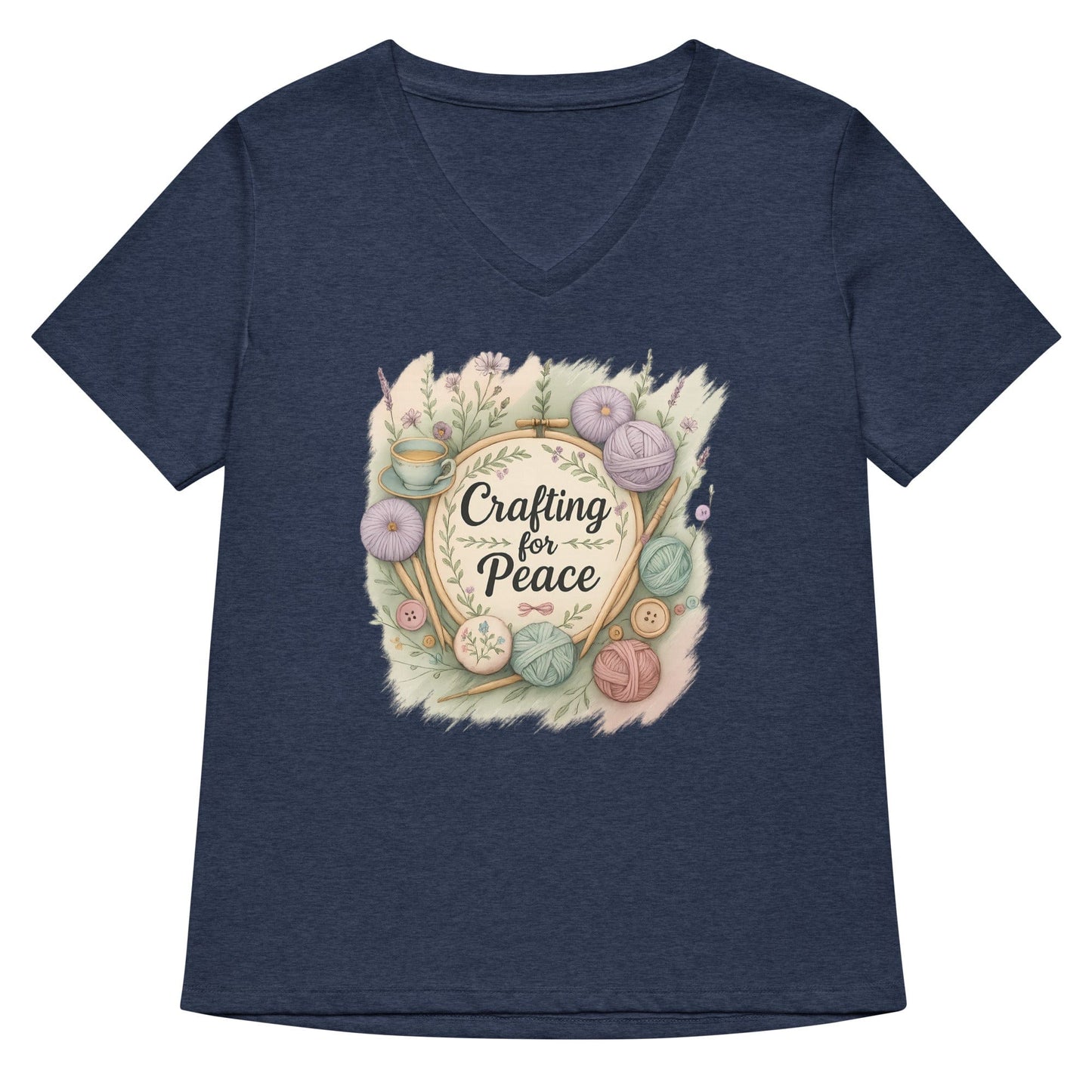Crafting for Peace V Neck T-Shirt Heather Navy / S