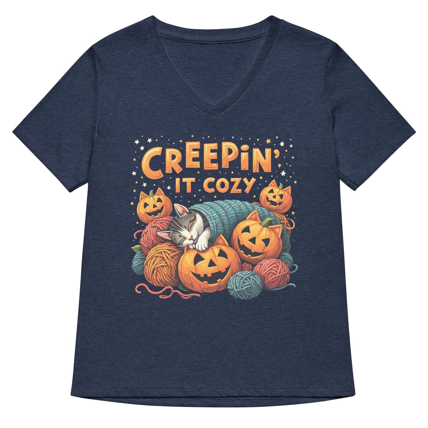 Creepin' It Cozy V Neck T-Shirt Heather Navy / S