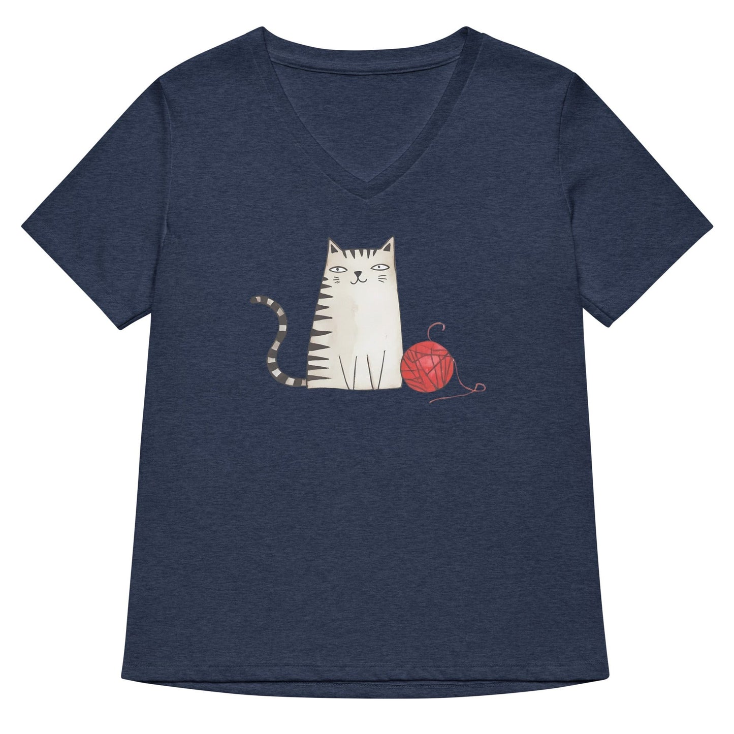 Drawn Cat V Neck T-Shirt Heather Navy / S