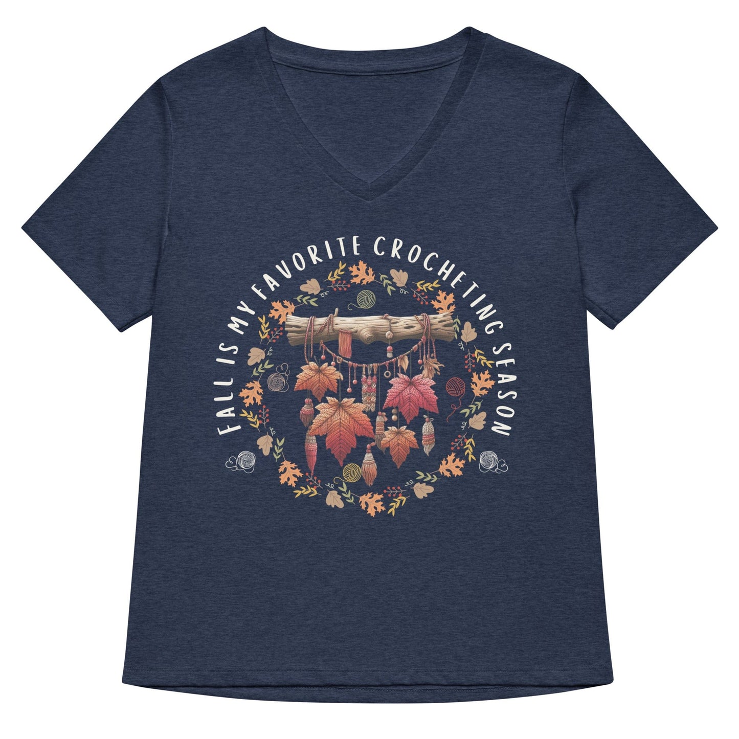 Fall is my Crocheting Season V Neck T-Shirt Heather Navy / S