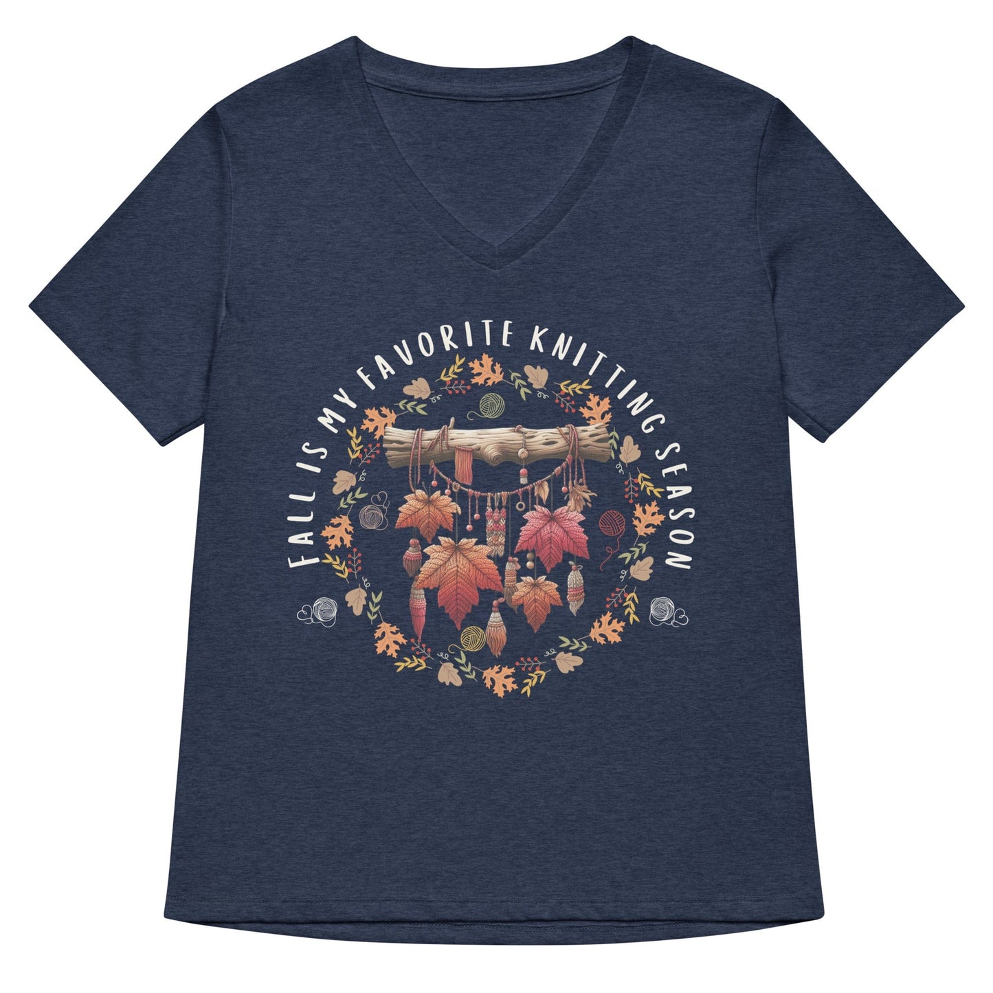 Fall is my Knitting Season V Neck T-Shirt Heather Navy / S