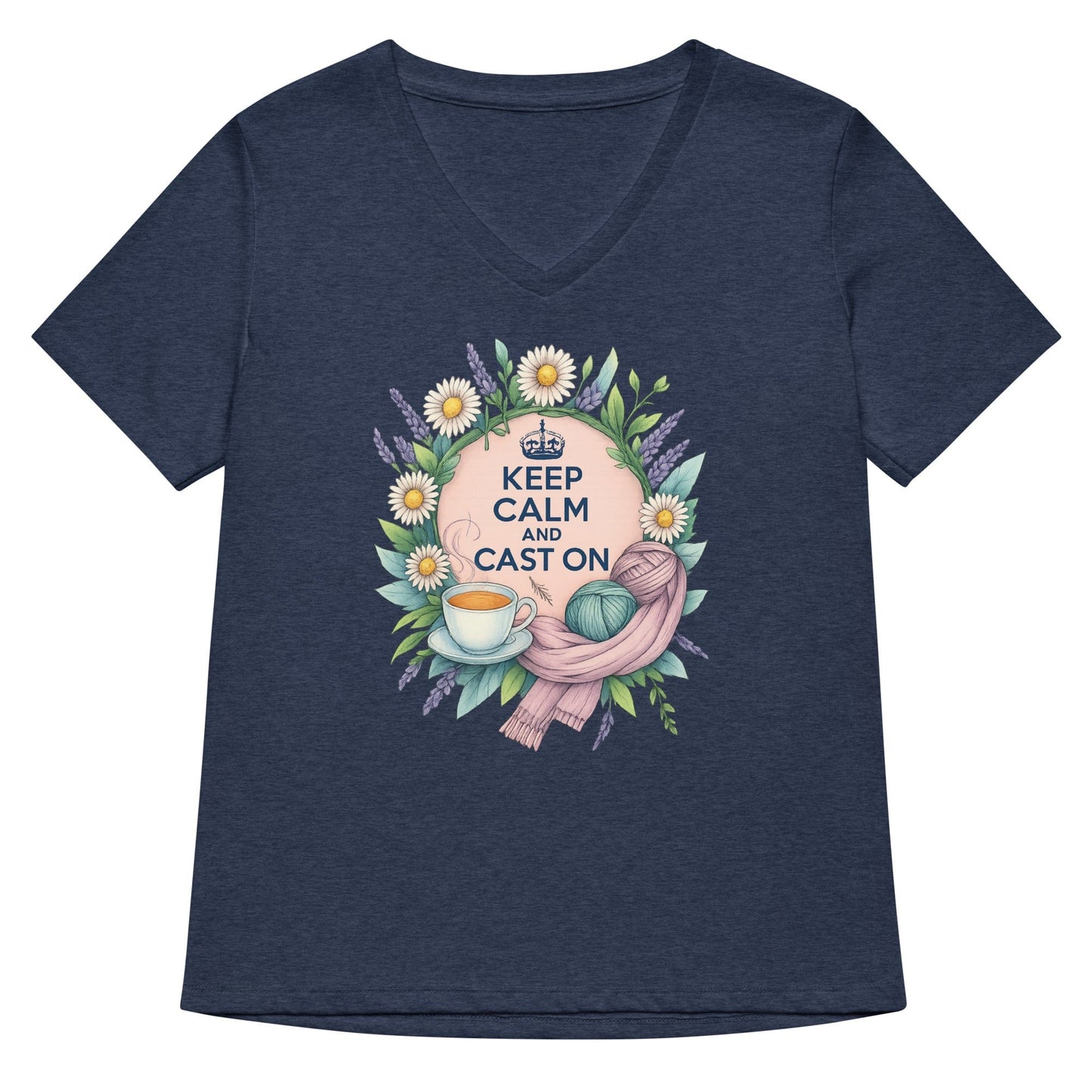 Keep Calm and Cast On V Neck T-Shirt Heather Navy / S