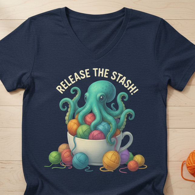 Release the Stash Kraken v-neck t-shirt Heather Navy / S