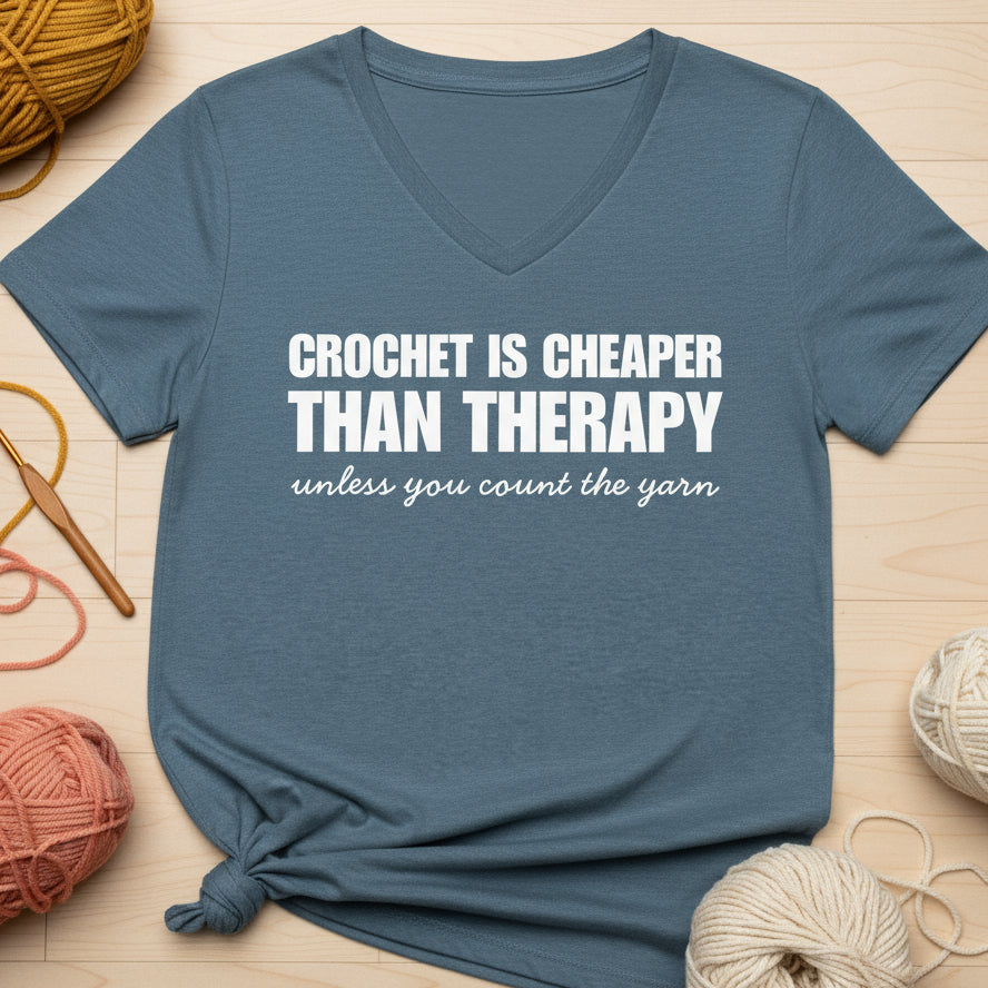 Crocheting is Cheaper V Neck T-Shirt Heather Slate / S