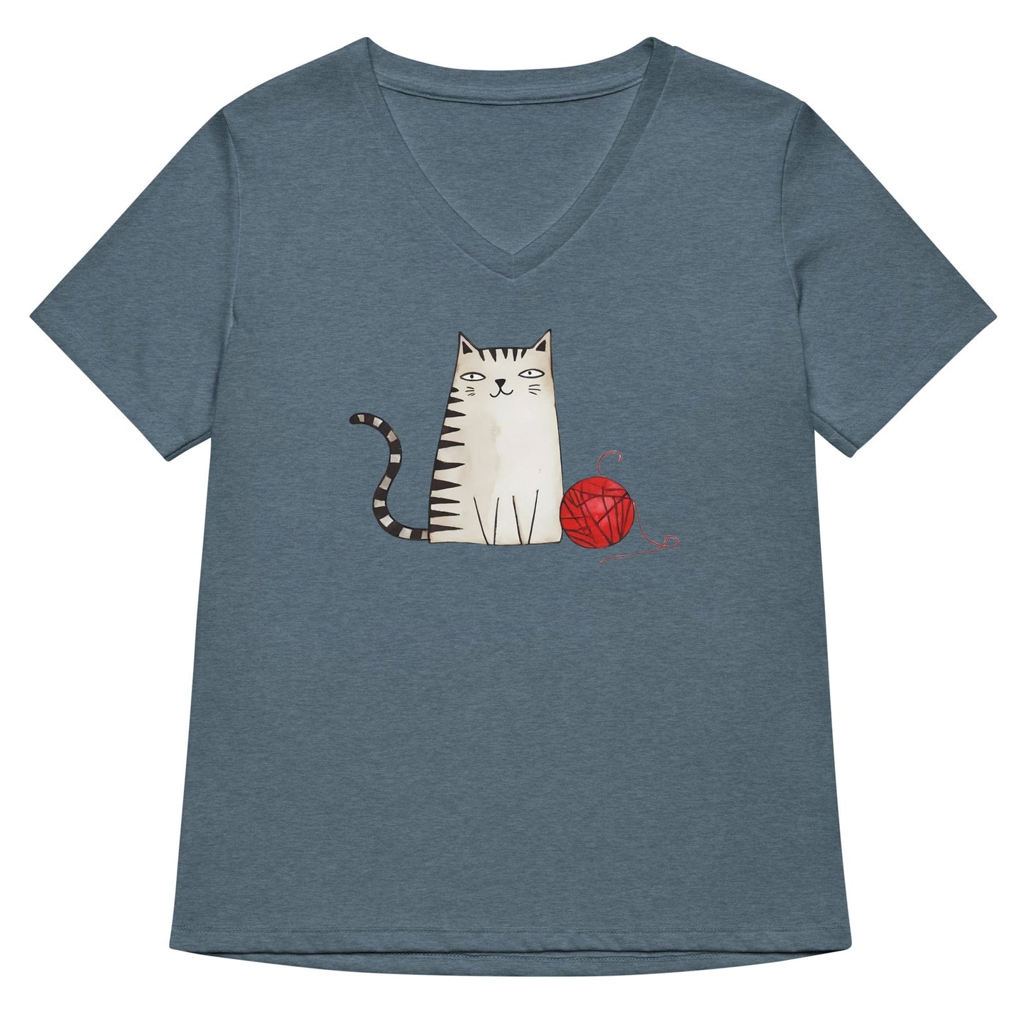 Drawn Cat V Neck T-Shirt Heather Slate / S
