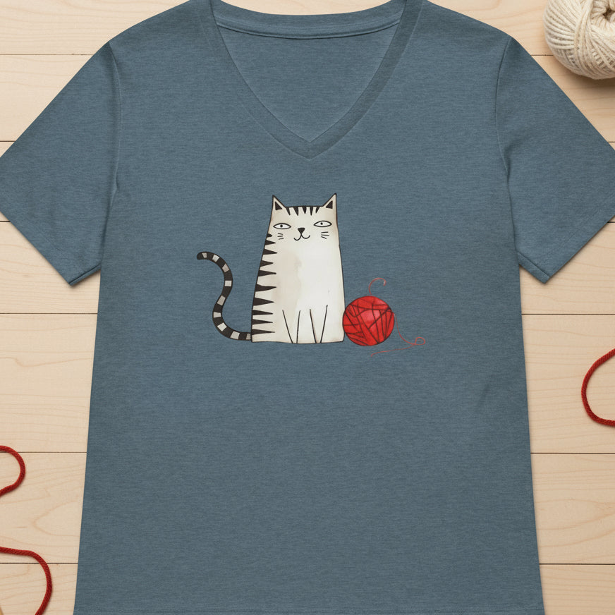 Drawn Cat V Neck T-Shirt Heather Slate / S