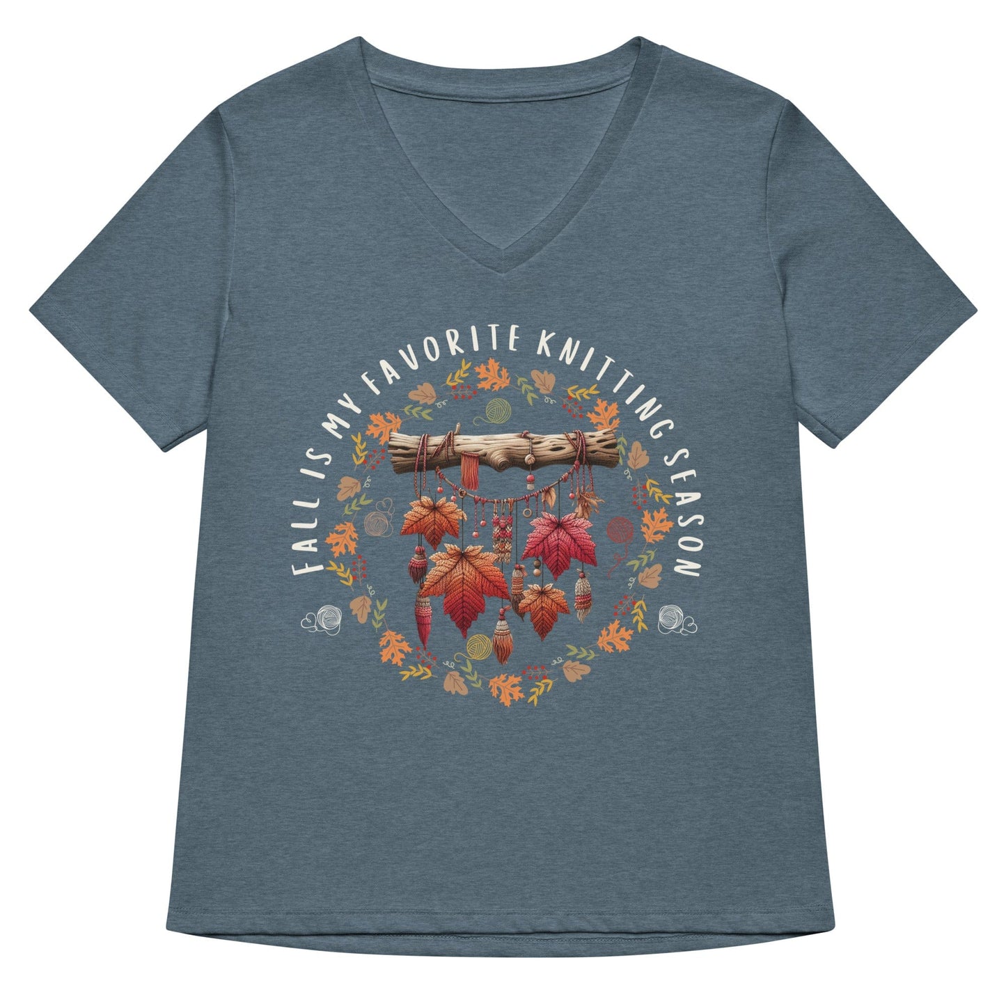 Fall is my Knitting Season V Neck T-Shirt Heather Slate / S