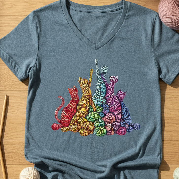 Fiber Felines V Neck T-Shirt Heather Slate / S