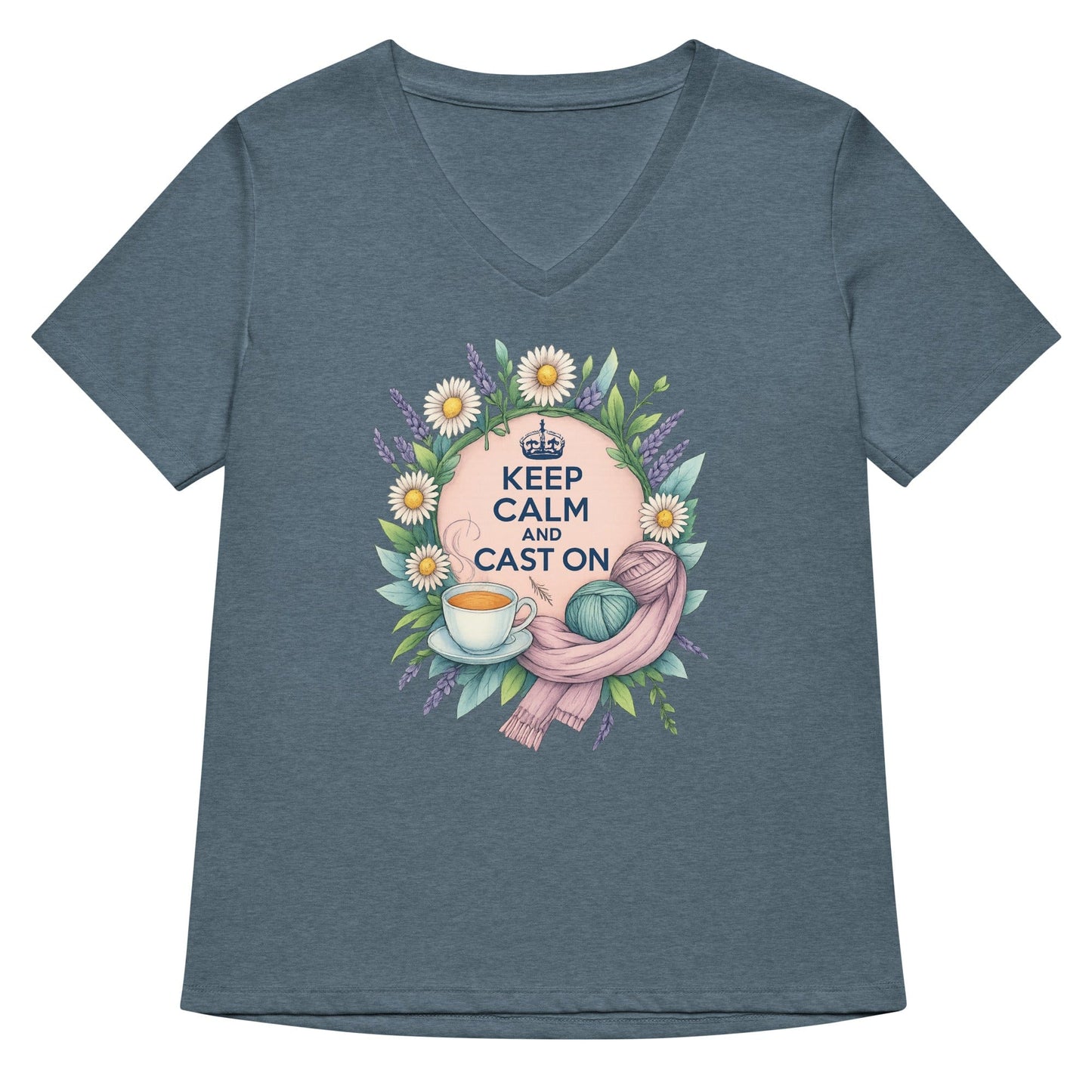 Keep Calm and Cast On V Neck T-Shirt Heather Slate / S
