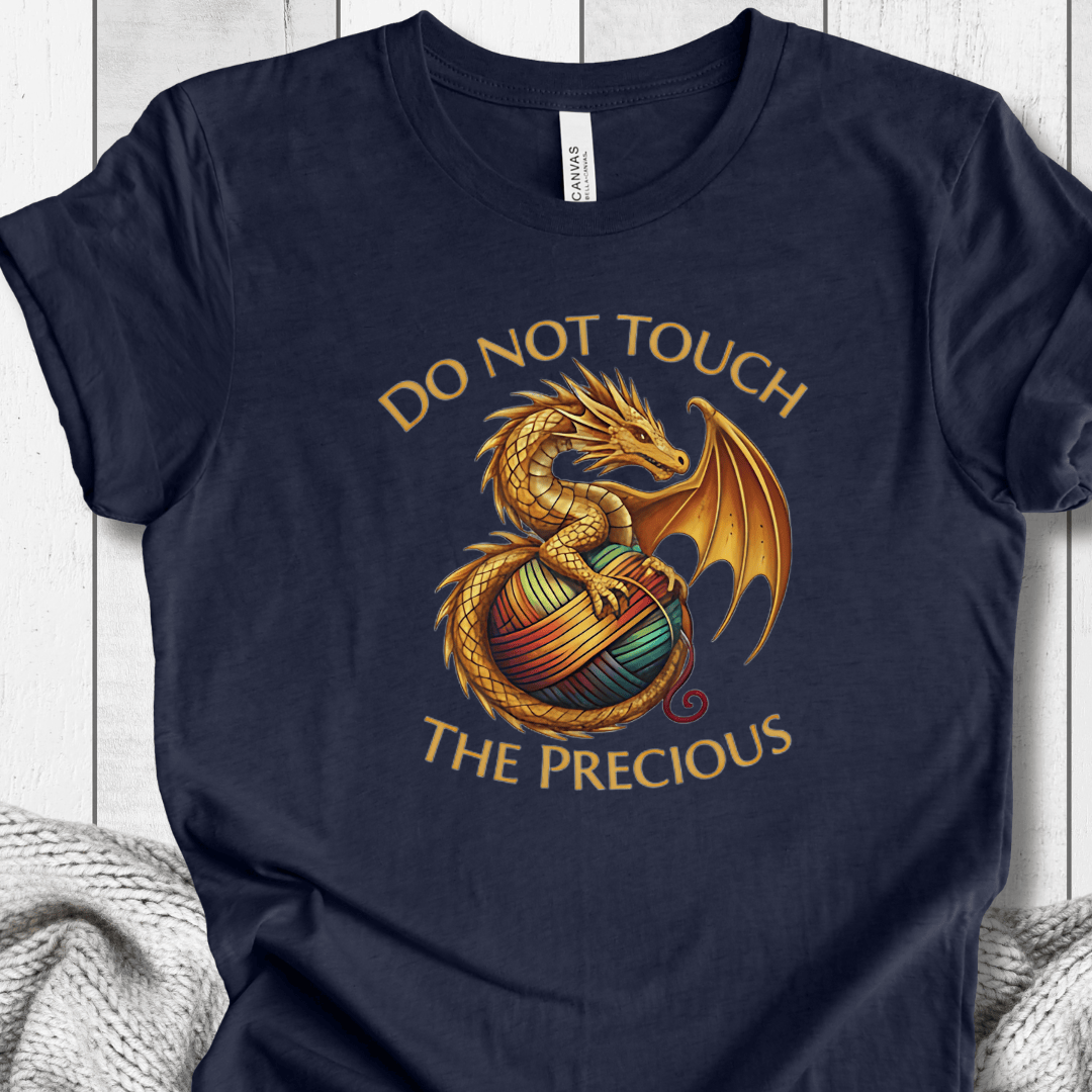 Navy t-shirt featuring a golden dragon and yarn graphic with text 'Do Not Touch the Precious'