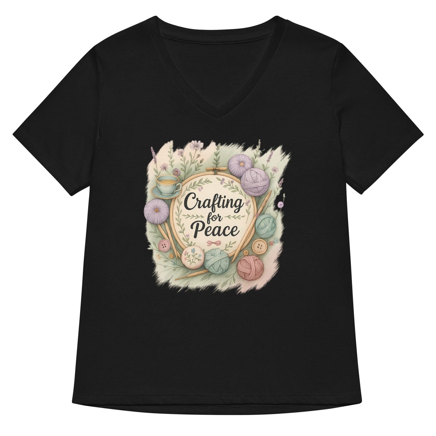 Crafting for Peace V Neck T-Shirt Solid Black Blend / S