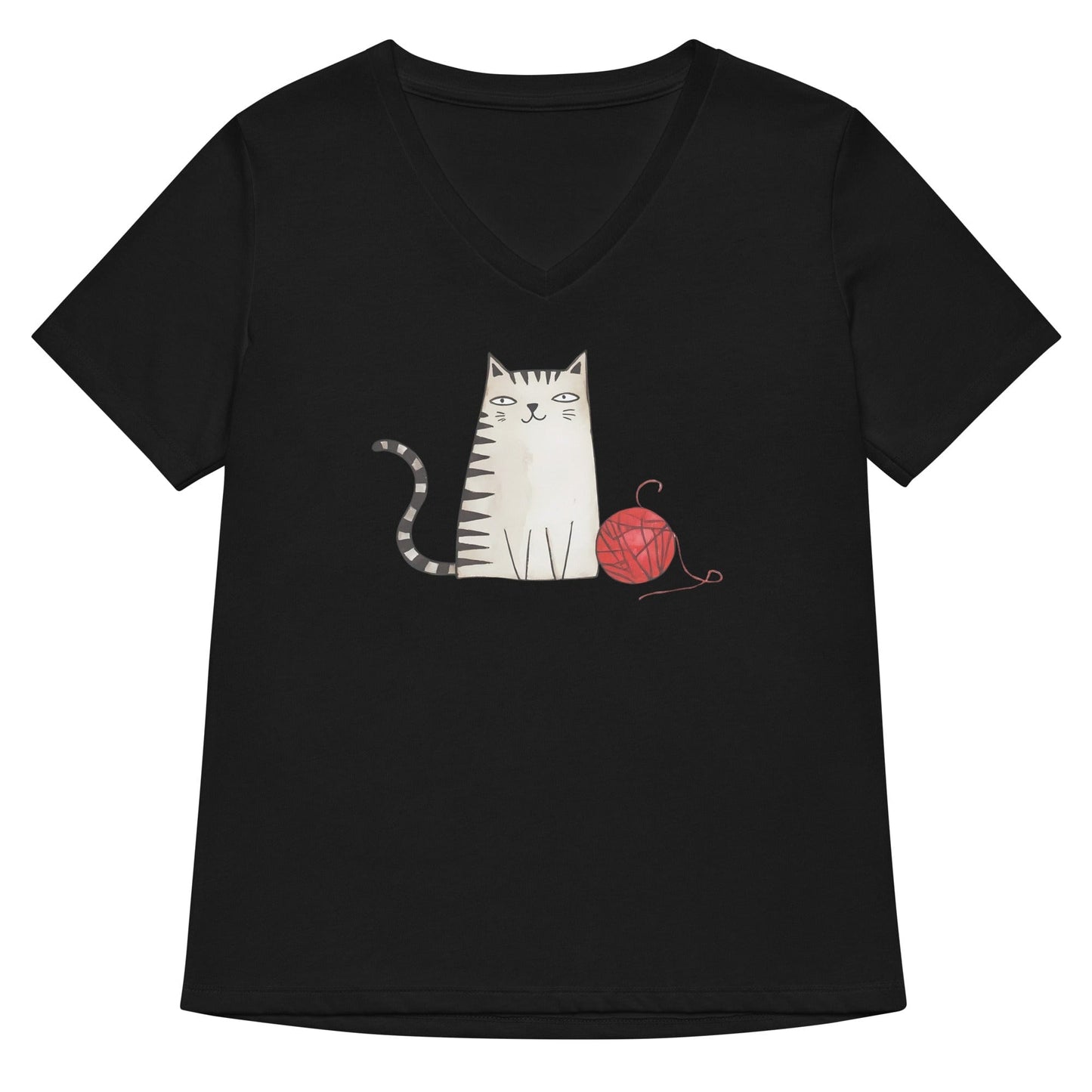 Drawn Cat V Neck T-Shirt Solid Black Blend / S