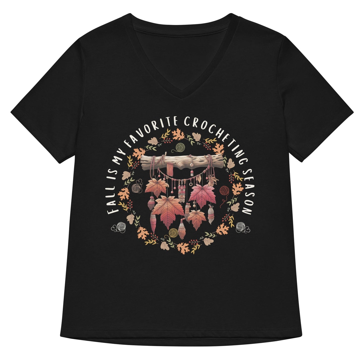 Fall is my Crocheting Season V Neck T-Shirt Solid Black Blend / S