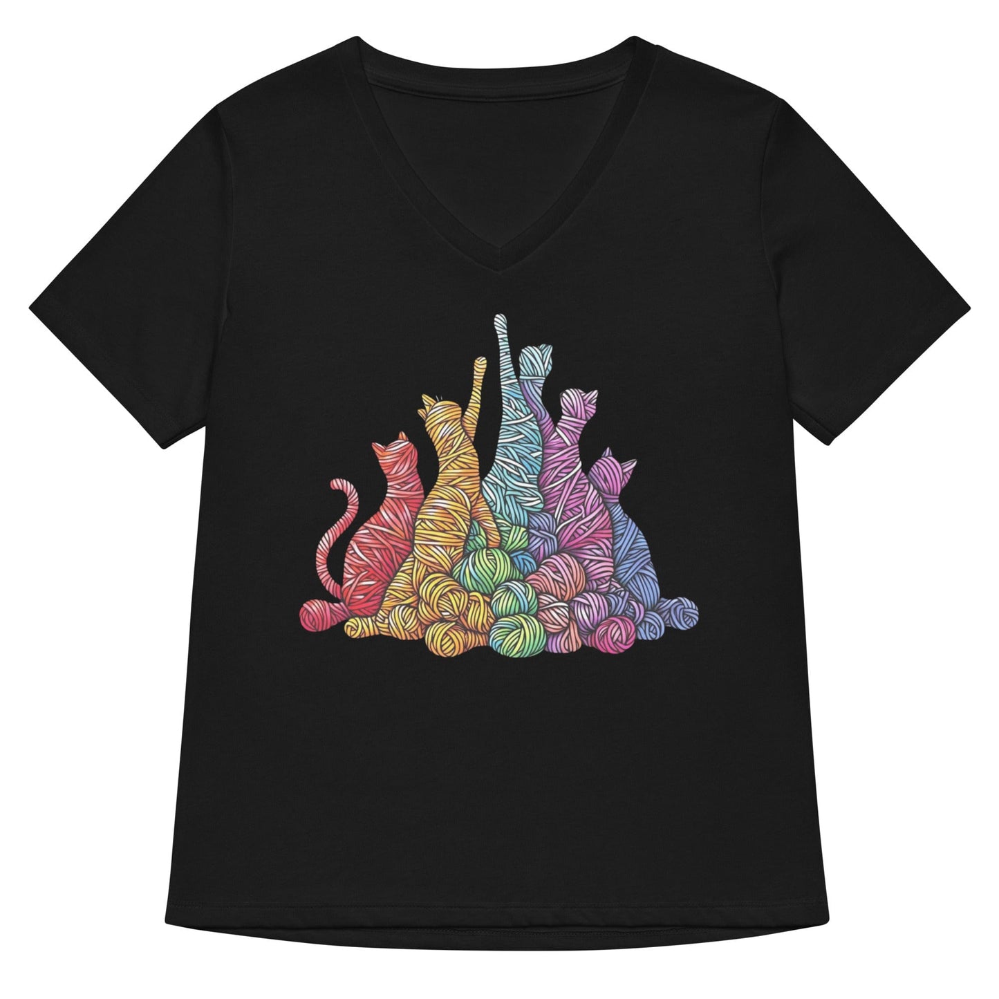 Fiber Felines V Neck T-Shirt Solid Black Blend / S