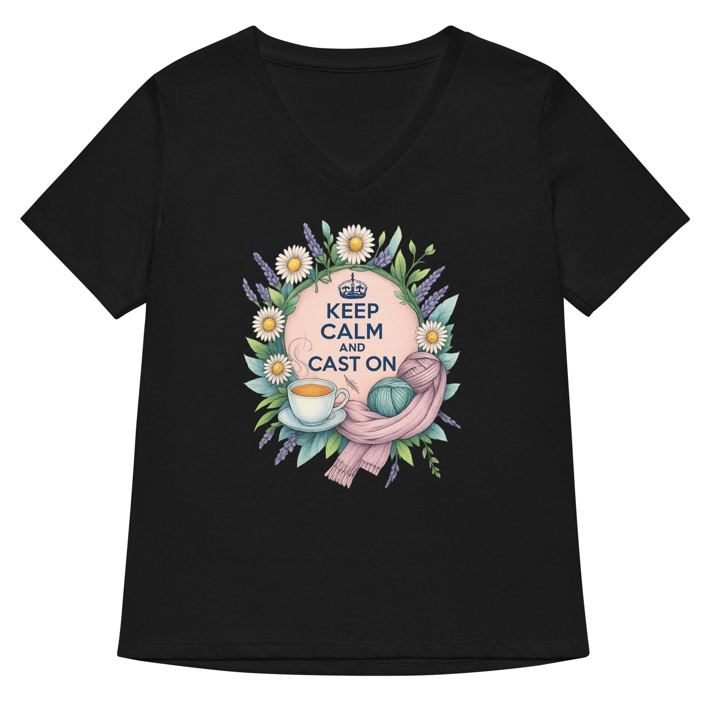 Keep Calm and Cast On V Neck T-Shirt Solid Black Blend / S