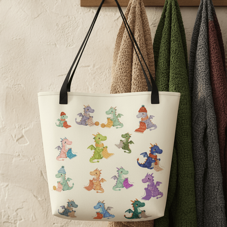 Knitting Dragons Full Print Tote