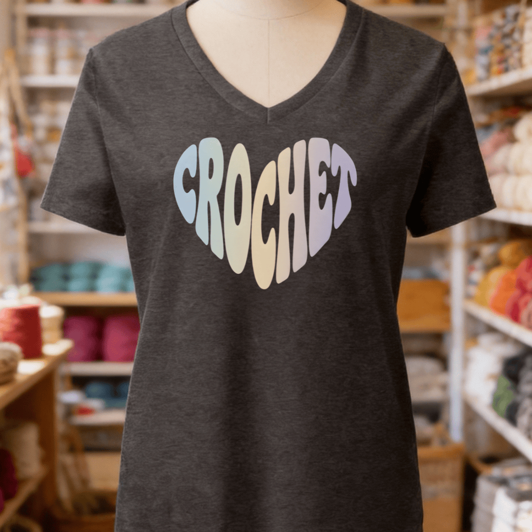 Crochet Heart Pastel V-Neck T-Shirt Dark Grey Heather / S