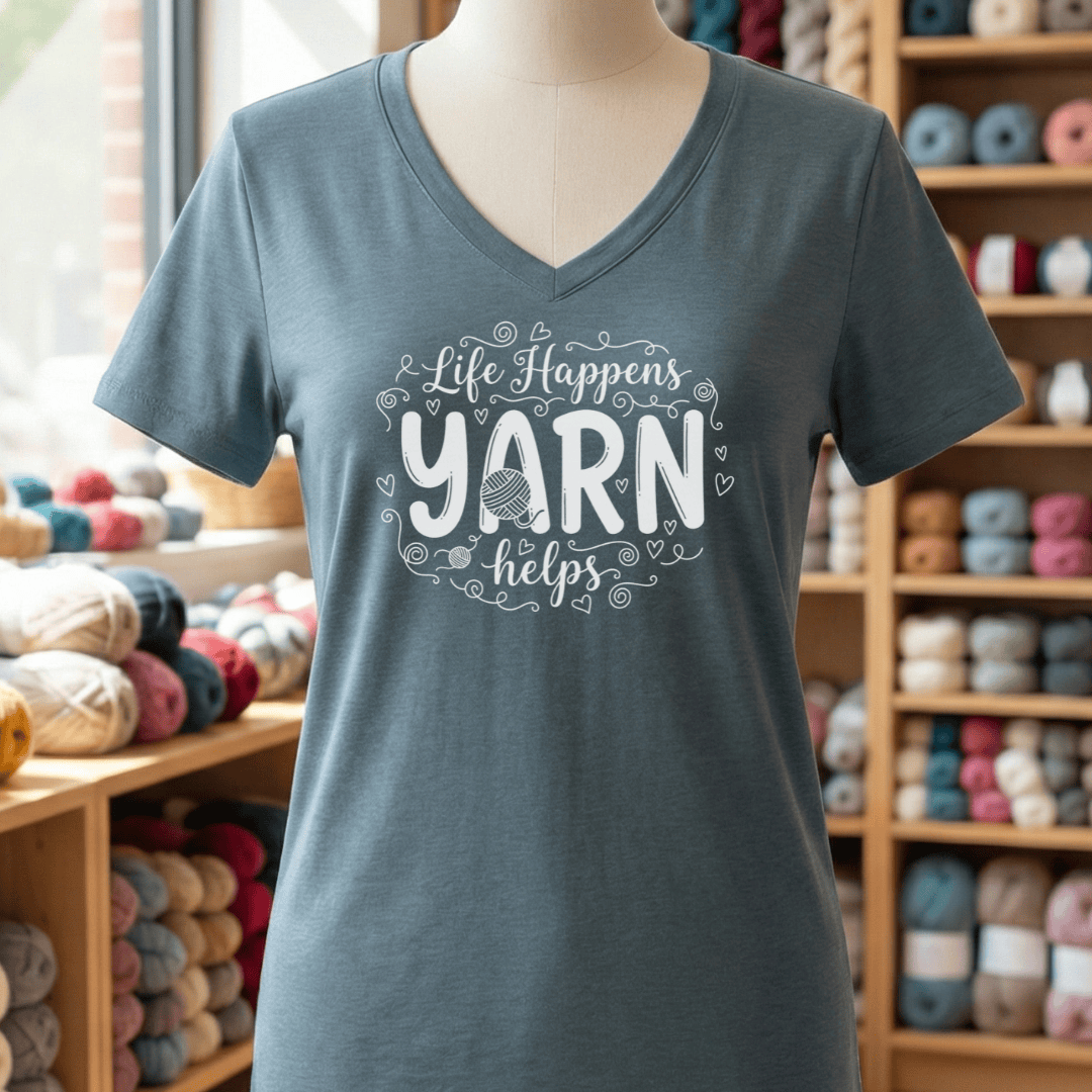 Life Happens, Yarn Helps V-Neck T-Shirt Slate / S