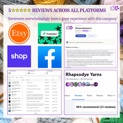 Rhapsodye Yarns social media and review summary with platform logos.