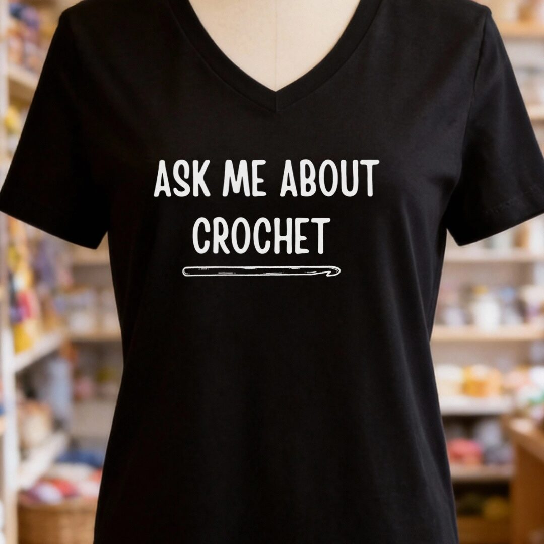 Ask Me About Crochet V-Neck T-Shirt Black t-shirt