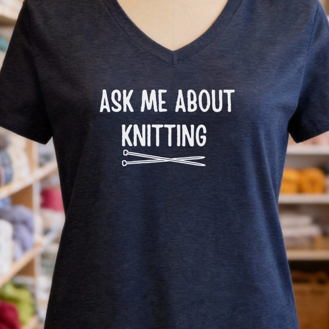 Ask Me About Knitting V-Neck T-Shirt Navy t-shirt