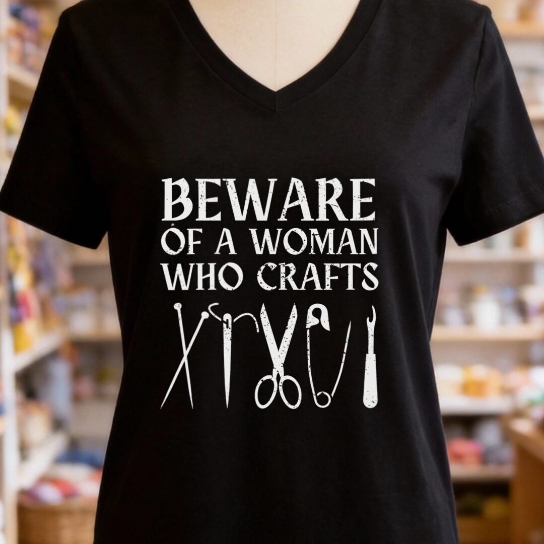 Beware a woman who Crafts V-Neck T-Shirt Black t-shirt