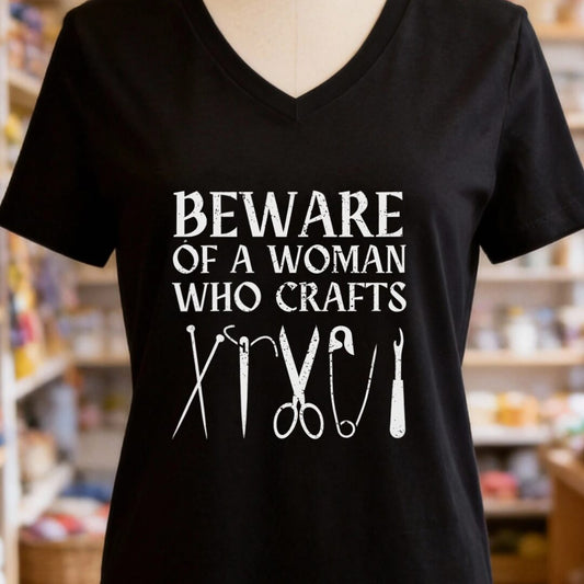 Beware a woman who Crafts V-Neck T-Shirt Black t-shirt